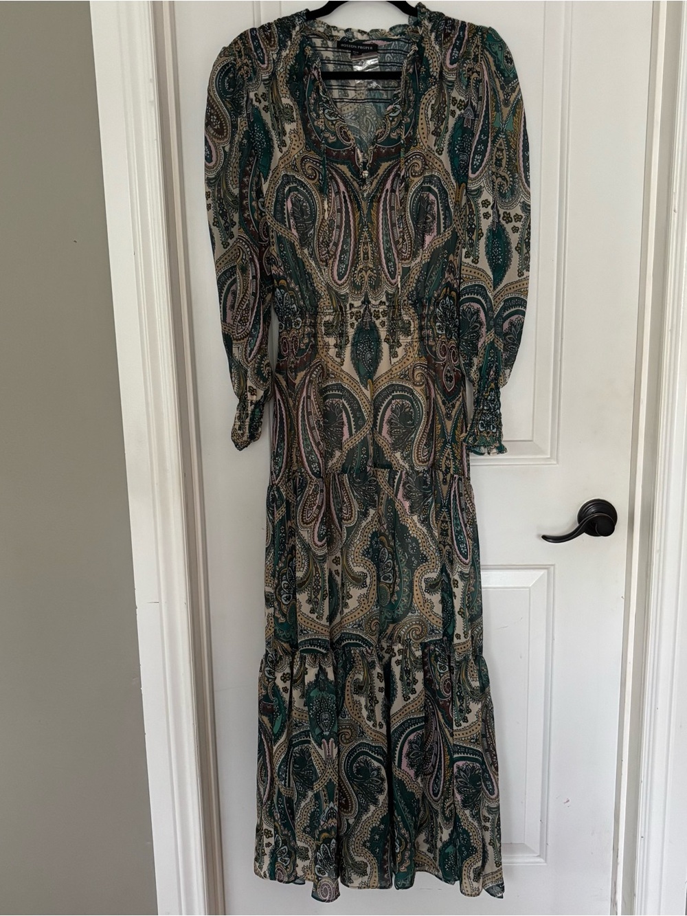 Boston Proper paisley chiffon maxi dress Small long sleeve green boho peasant